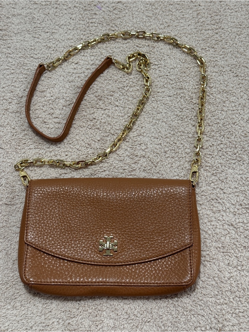 Tory Burch Marion Small Crossbody Tan Pebbled Leather Gold Chain